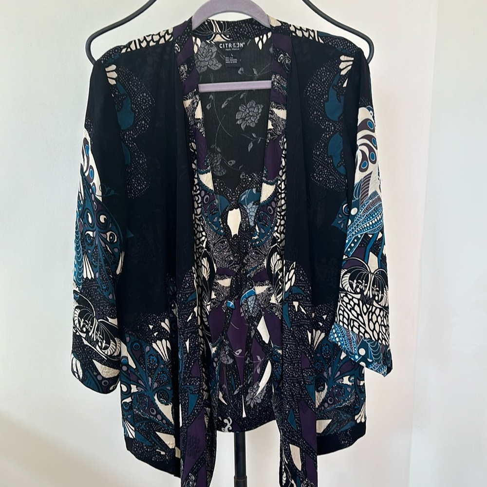 CITRON of SANTA MONICA Wearable Art SILK Kimono Flowing Jacket Sz L